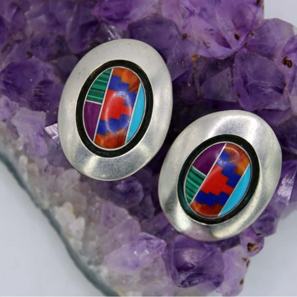 Willie Saiz Sterling Silver Geometric Inlay Earrings.